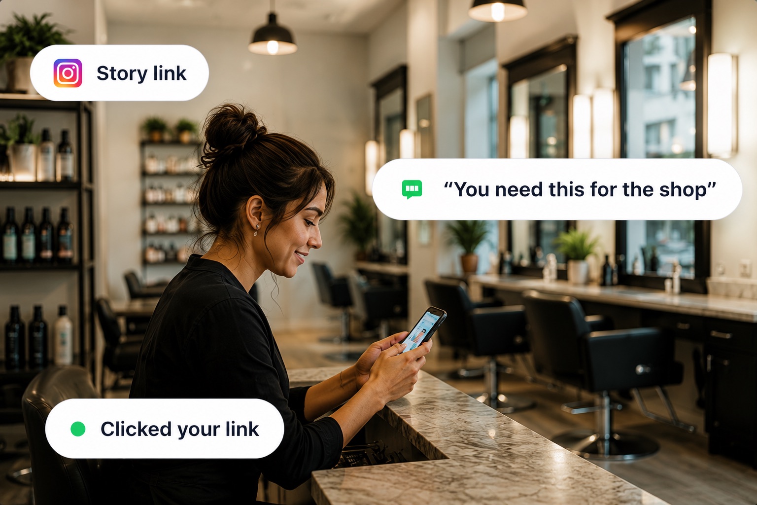 A salon owner opening a shared Scheduley link on her phone