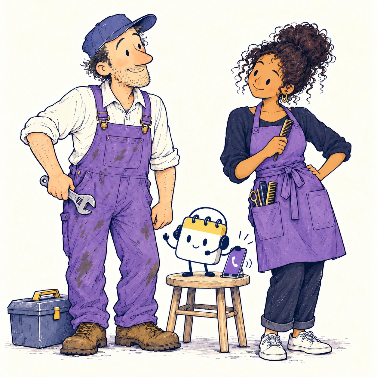 A smiling plumber and hairstylist stand with the Scheduley mascot as it handles a ringing phone.