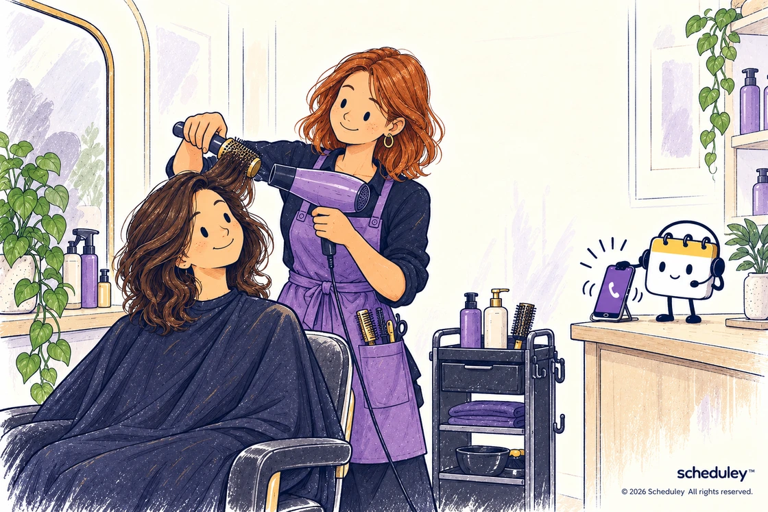 Ella stays with her hair salon client while Scheduley answers the phone.