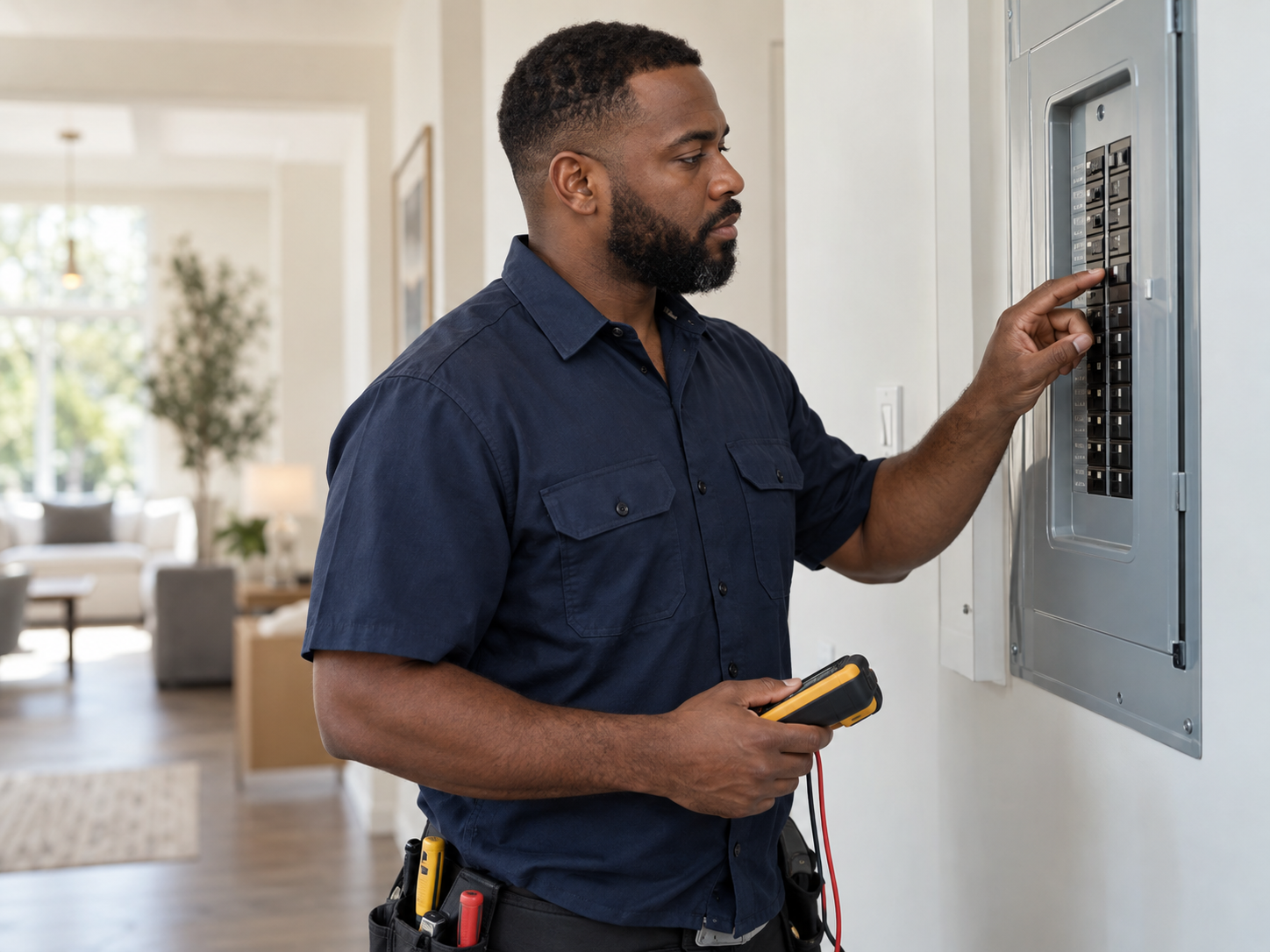 Electrician inspecting a residential breaker panel