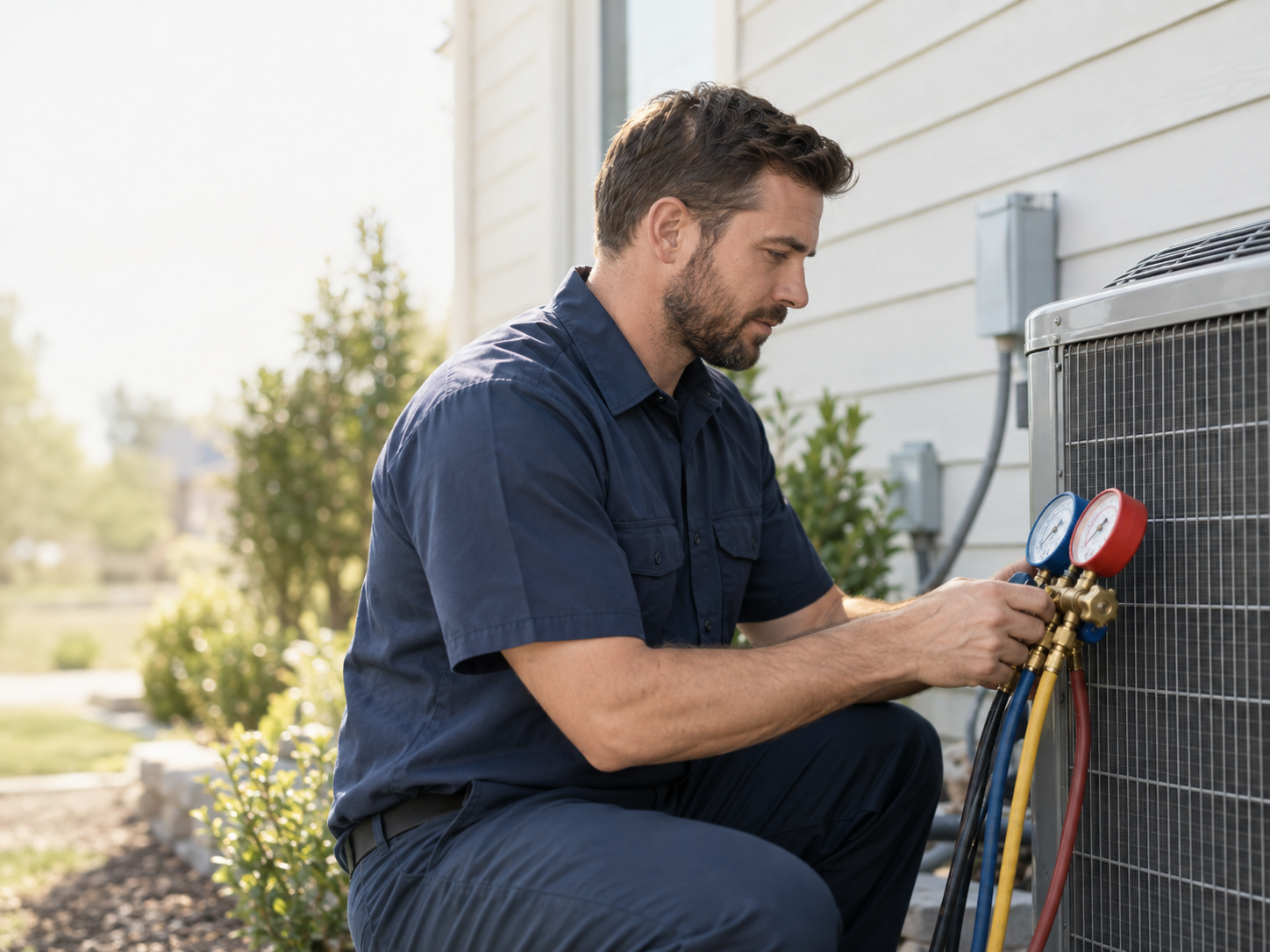 HVAC technician servicing an outdoor air-conditioning unit