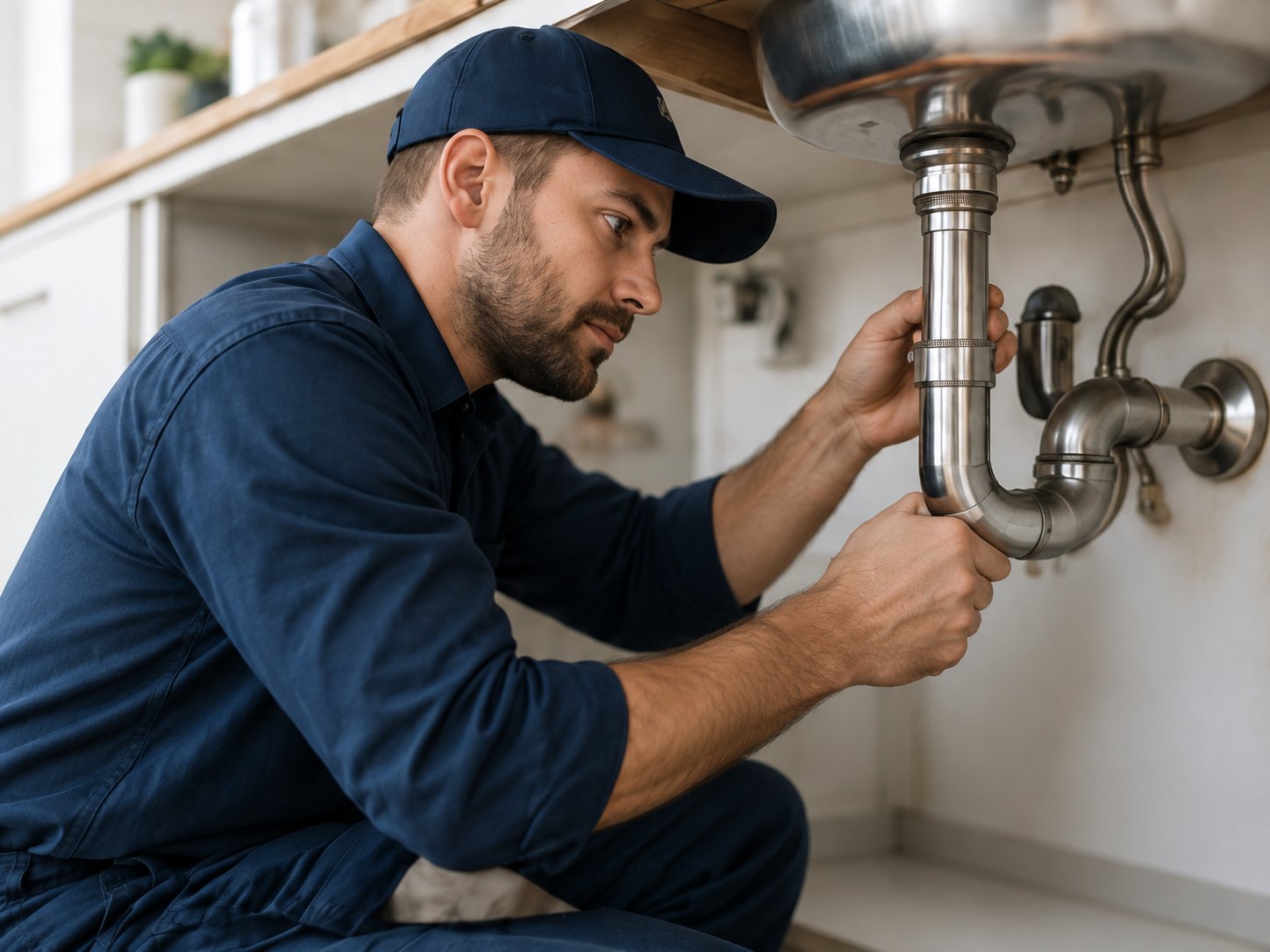 Plumber repairing the drain beneath a kitchen sink