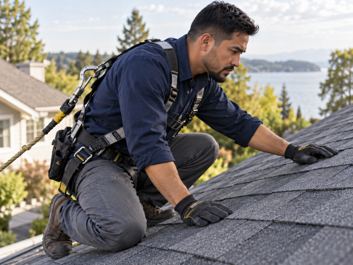 Roofer wearing a safety harness while inspecting asphalt shingles
